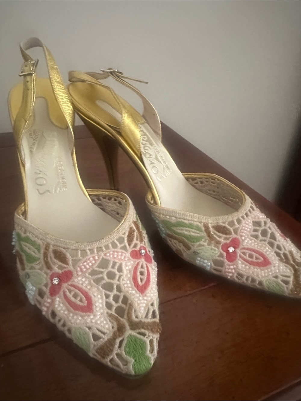 NEW Ferragamo’s Limited Edition 21 of 150 Gold Slingback Embroidered Heels